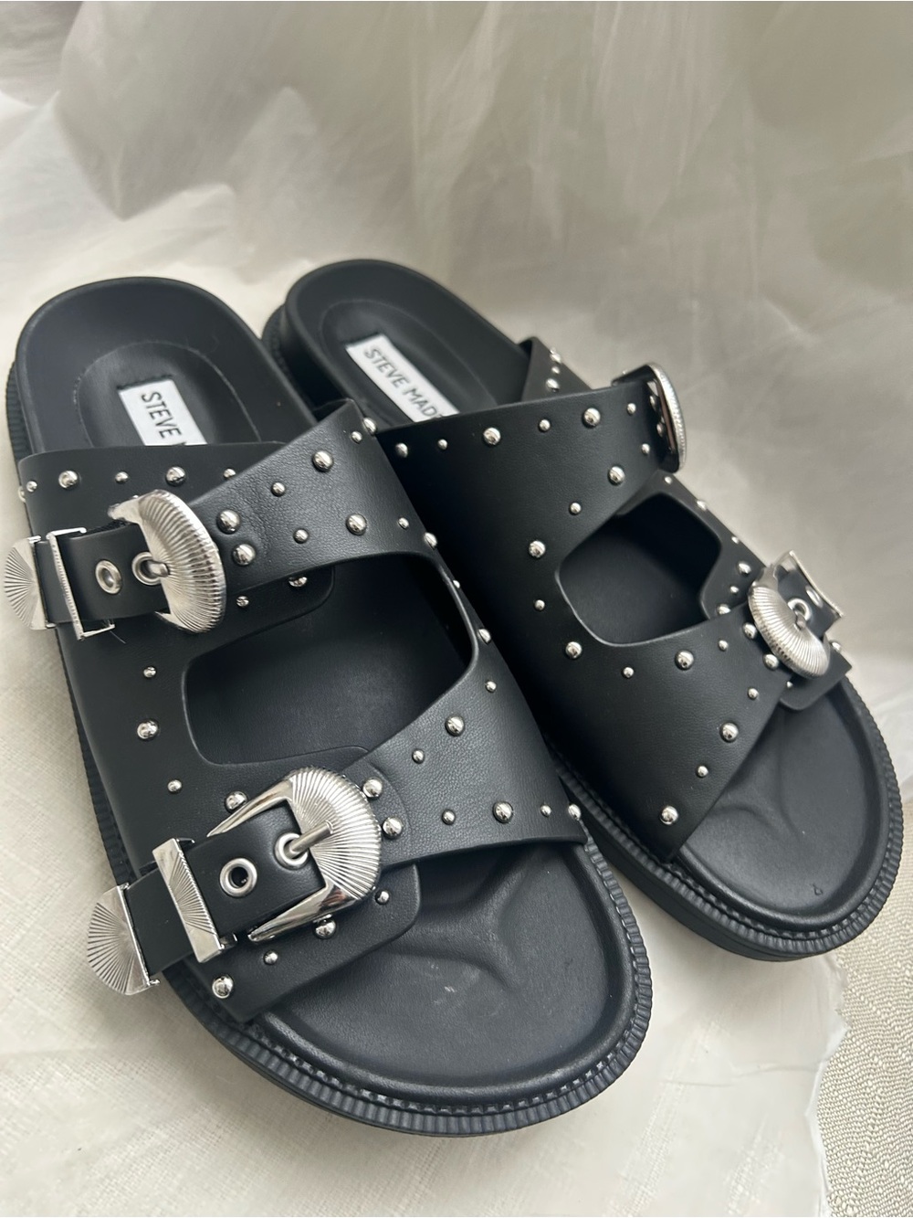 Steve Madden Black Studded Buckle Slide Sandals Size 7